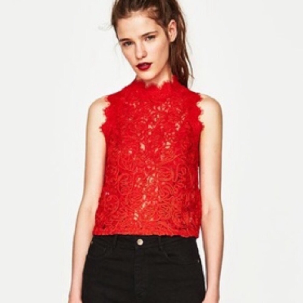 Zara trafaluc red lace halter top tank blouse